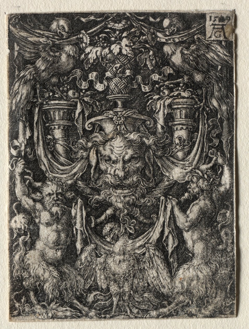 Ornamentdesign med en maske og en ørn mellom to fauner nedenfor, 1509. av Heinrich Aldegrever