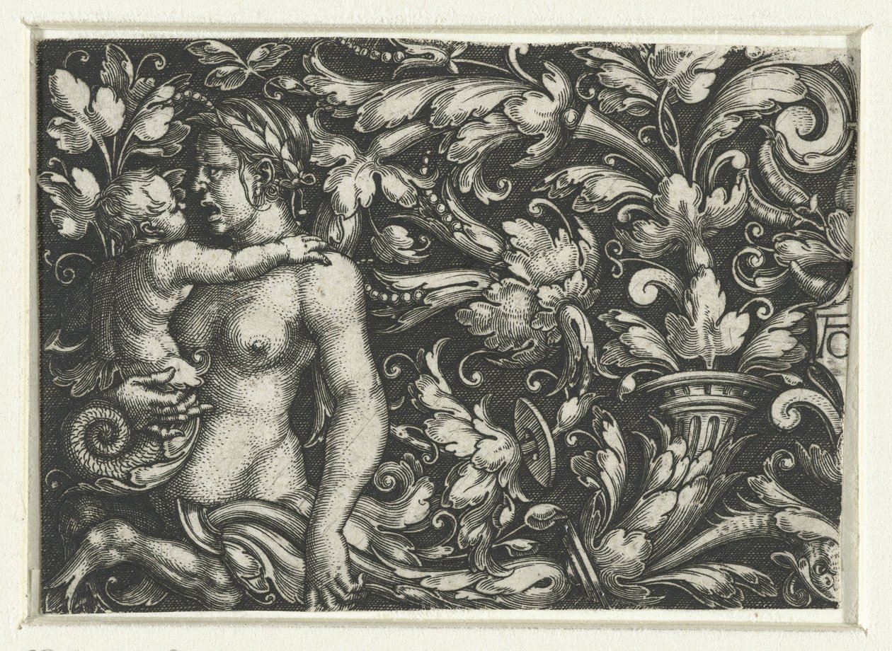 Ornament med bladranker og en kvinnelig triton med barn av Heinrich Aldegrever