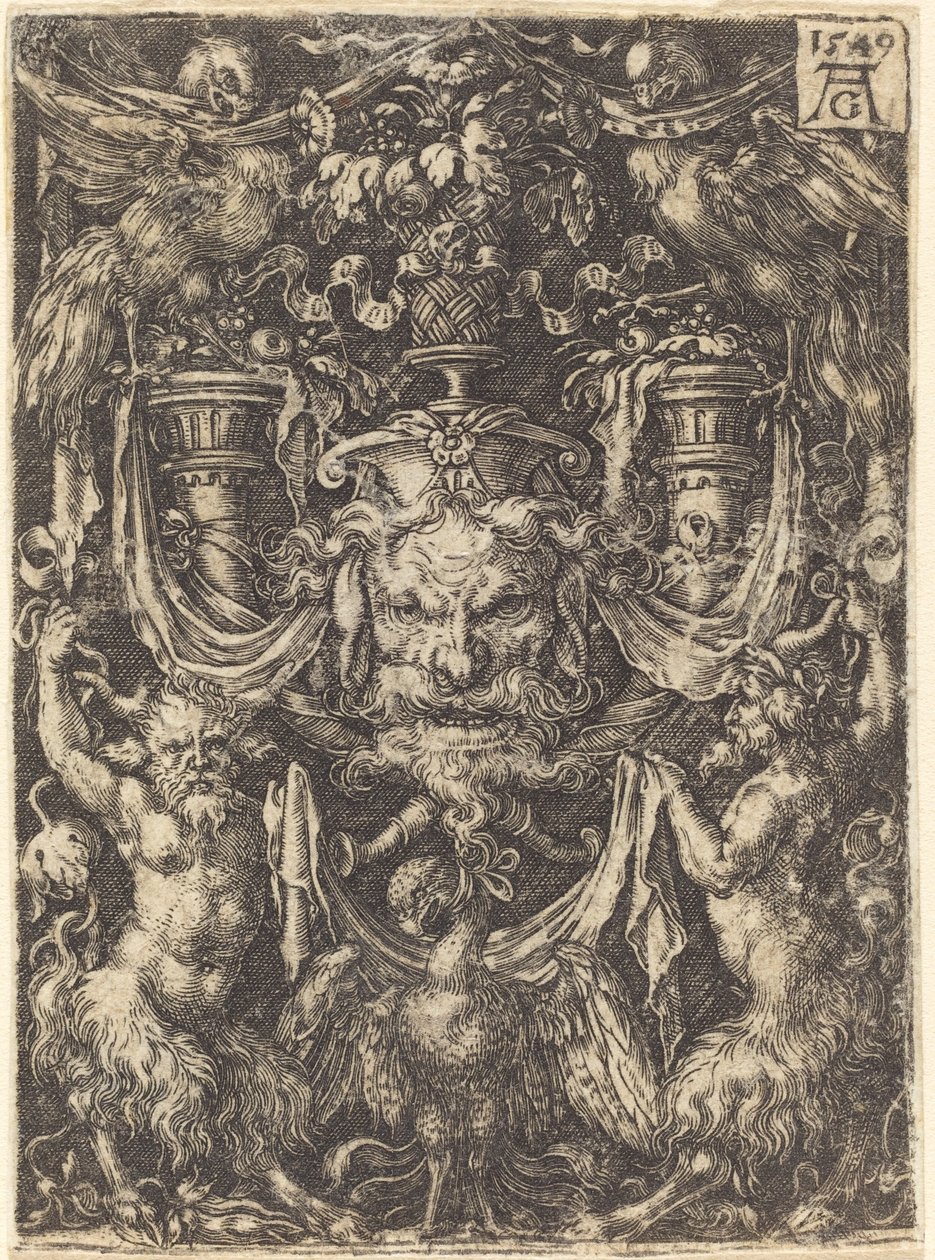 Ornament med maske, ørn mellom satyrene nedenfor av Heinrich Aldegrever