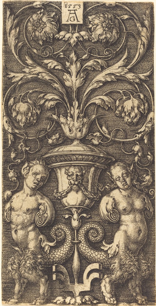 Ornament med vase og to kvinnefigurer, 1553. av Heinrich Aldegrever