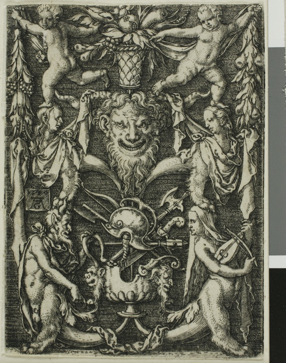 Ornamental design med et par satyrer, barn og et trofé av Heinrich Aldegrever