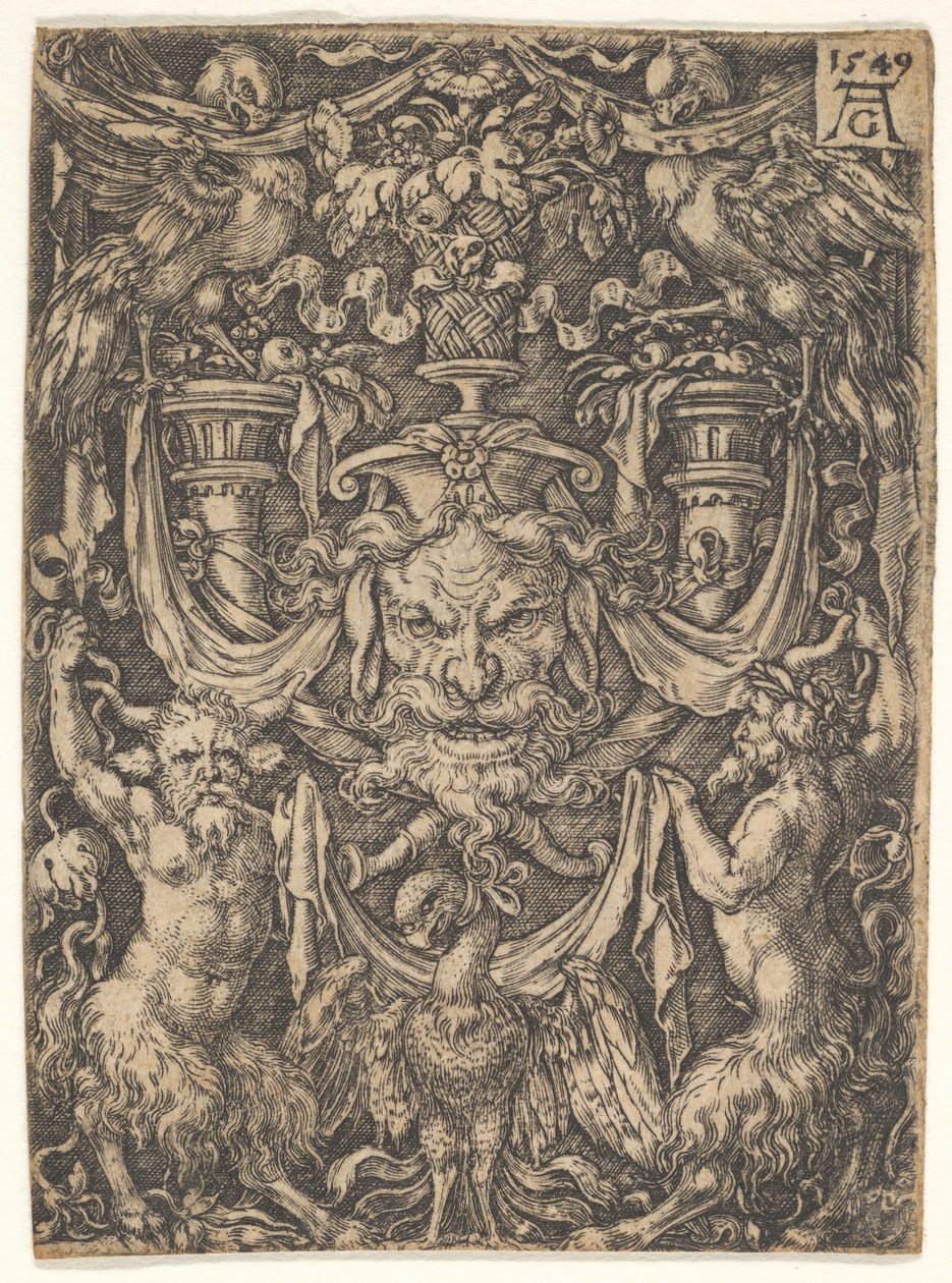 Ornamental design med en maske og en ørn mellom to fauner nedenfor, 1549. av Heinrich Aldegrever