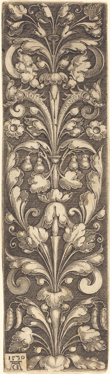 Kvist av dekorativt løvverk med to masker og to delfiner, 1530. av Heinrich Aldegrever