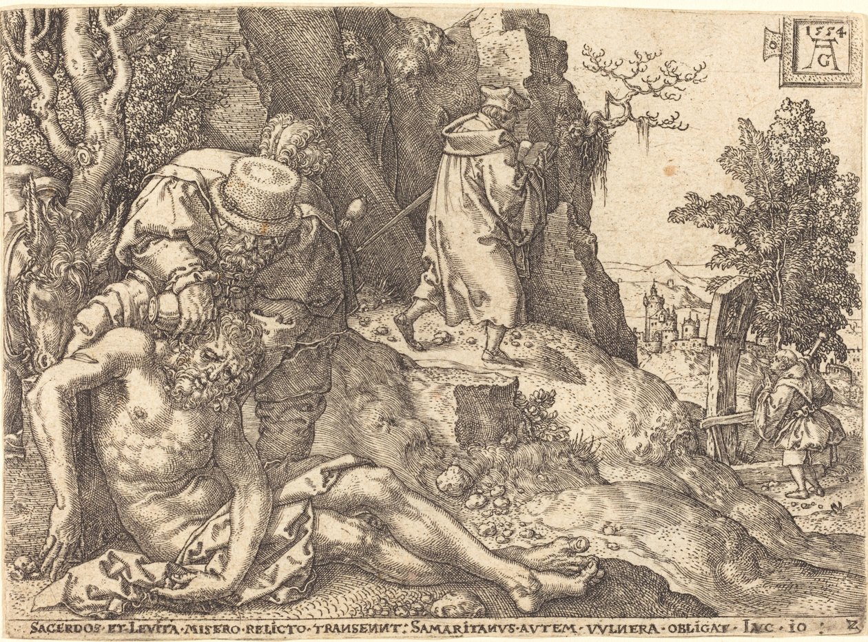 Den barmhjertige samaritan som tjener den reisende, 1554. av Heinrich Aldegrever