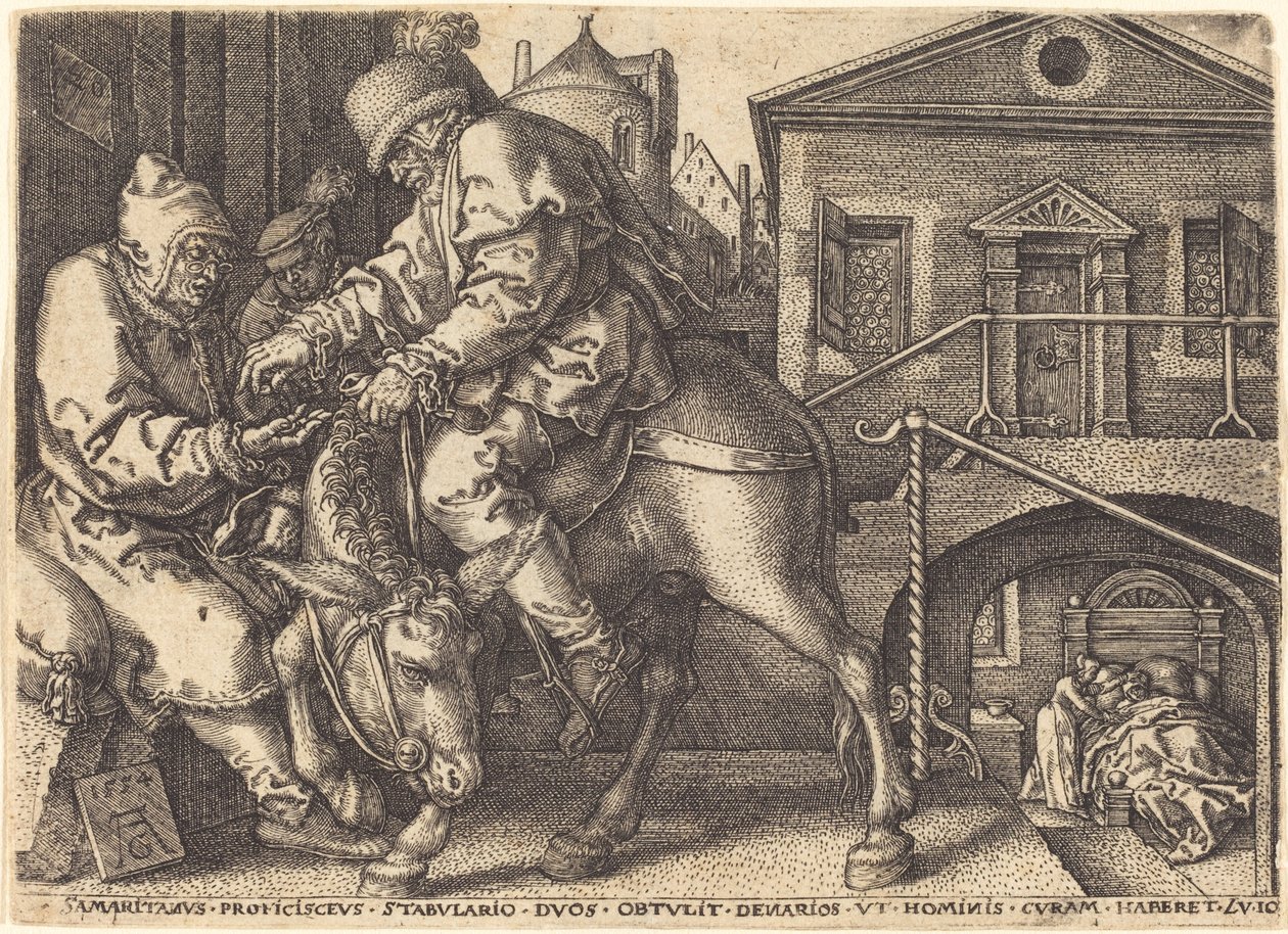 Den barmhjertige samaritan som betaler for den reisendes innkvartering, 1554. av Heinrich Aldegrever