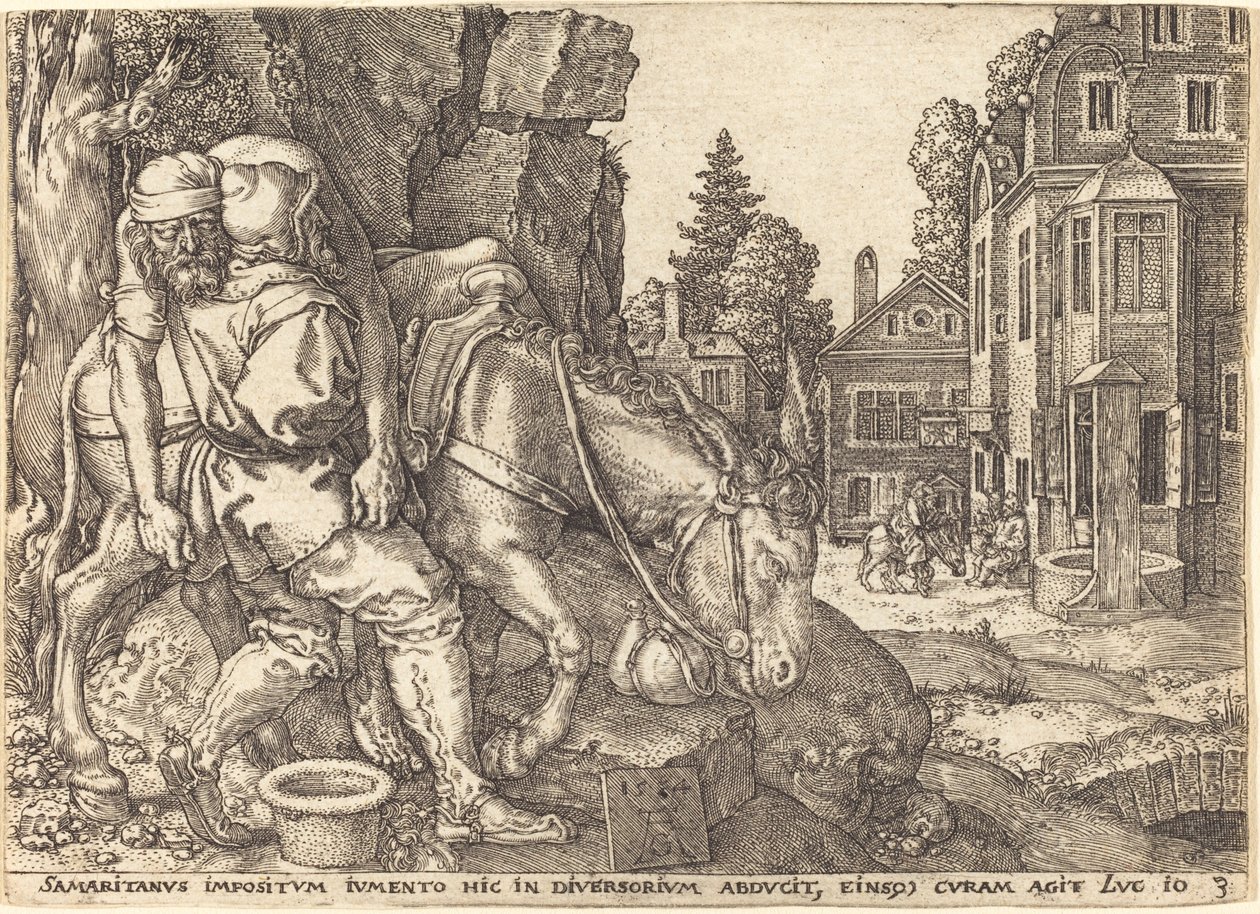 Den barmhjertige samaritanen plasserer den reisende på et muldyr, 1554. av Heinrich Aldegrever