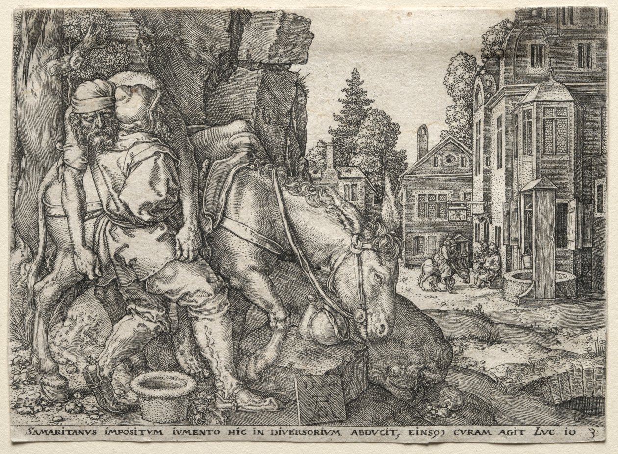 Lignelsen om den barmhjertige samaritan: Den barmhjertige samaritan som setter den reisende på eselet sitt, 1554. av Heinrich Aldegrever