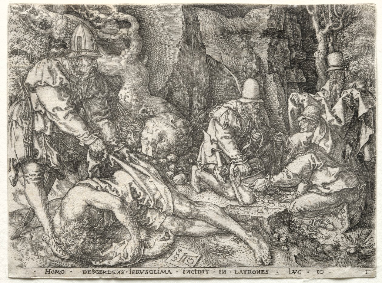 Lignelsen om den barmhjertige samaritan: Røverne som angriper de reisende, 1554. av Heinrich Aldegrever