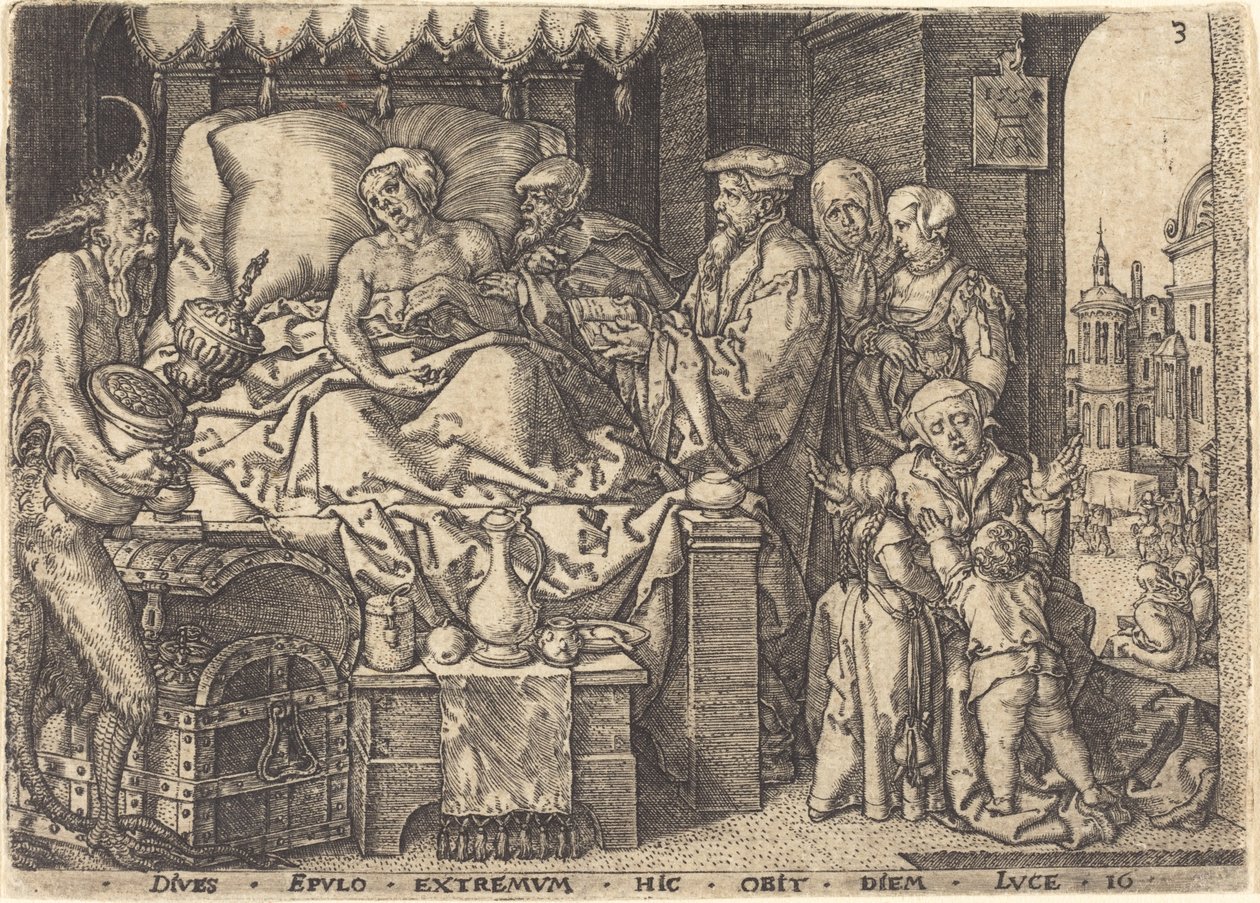Den rike mannen på dødsleie, 1554. av Heinrich Aldegrever