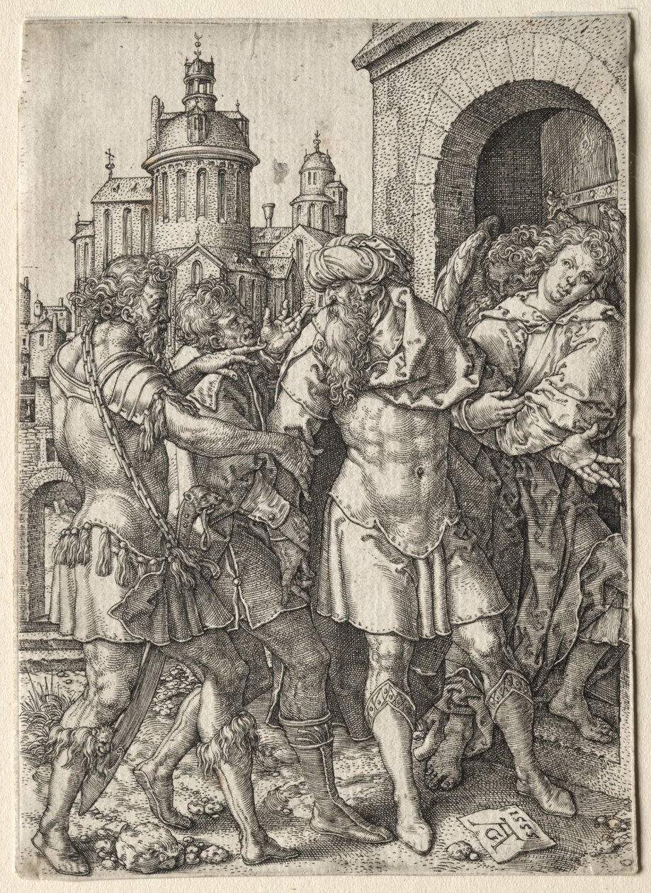 Historien om Lot: Lot hindrer sodomittene fra vold, 1555. av Heinrich Aldegrever
