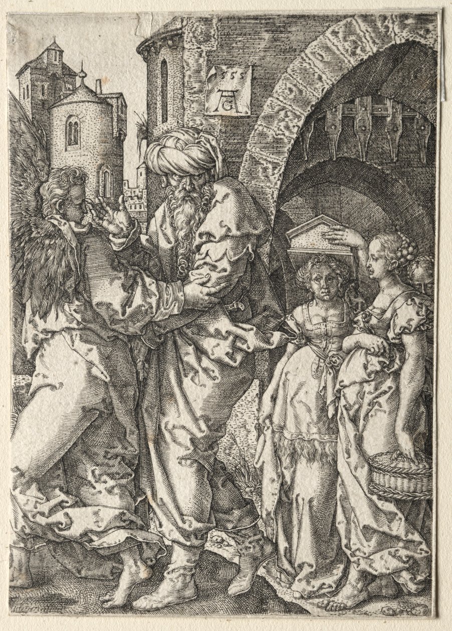 Historien om Lot: Lot og hans familie på flukt fra Sodoma, 1555. av Heinrich Aldegrever