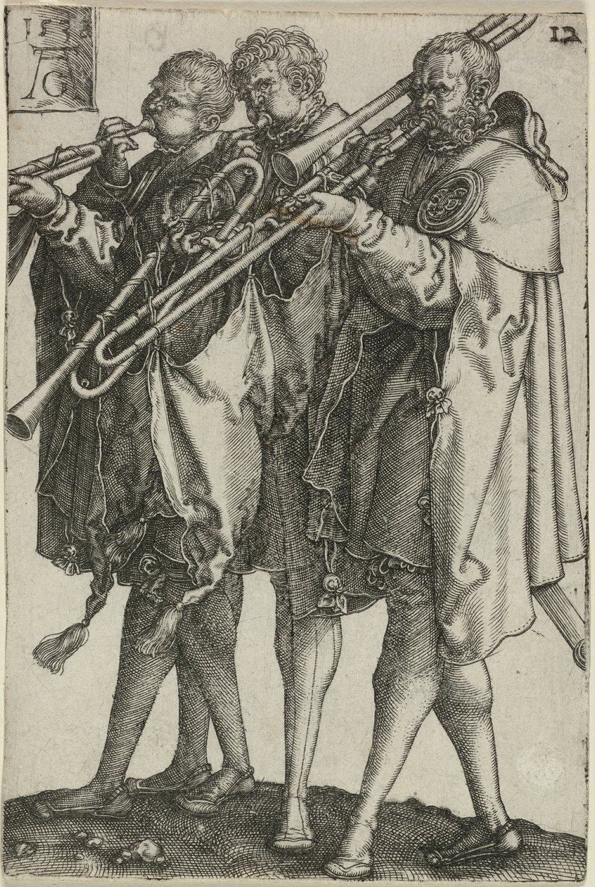 Three Trombonists, plate tolv fra The Large Wedding-Dancers av Heinrich Aldegrever