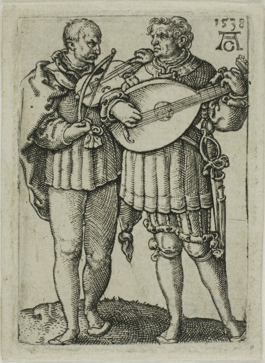 To musikere som spiller fiolin og lut, tallerken en fra Small Wedding Dancers av Heinrich Aldegrever