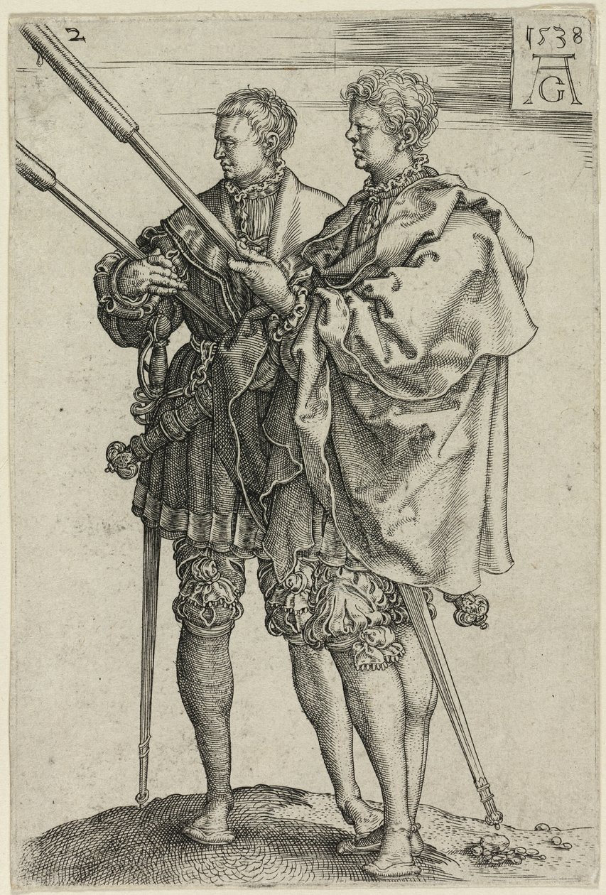 To fakkelbærere, tallerken to fra The Large Wedding-Dancers av Heinrich Aldegrever