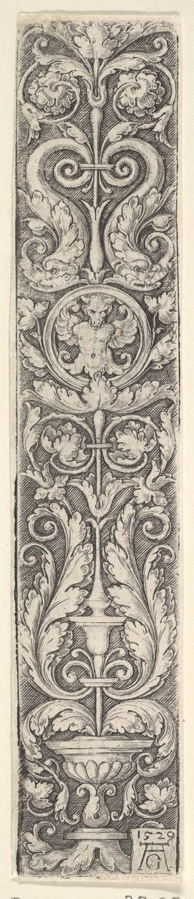 Vertikalt panel med en kandelaber som inneholder en medaljong med en kentaur og et par dolp..., 1529. av Heinrich Aldegrever