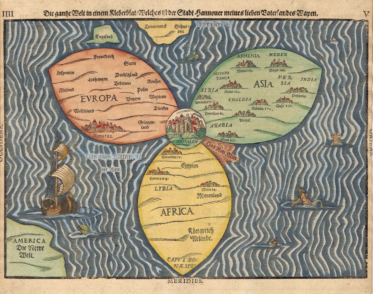 De tre kontinentene med Jerusalem i sentrum av verden, 1581 av Heinrich Bünting