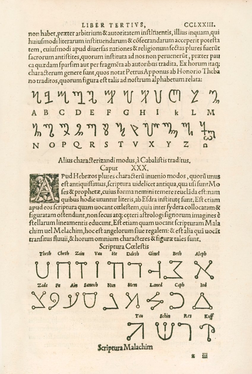 Thebanalfabet (Honorian-alfabet eller Honorius-runene) og Celestial Alphabet (Scriptura Malachim eller Angelic Script) Gravering fra Heinrich Cornelius Agrippa von Nettesheim (1486-1535) De occul av Heinrich Cornelius Agrippa von Nettesheim