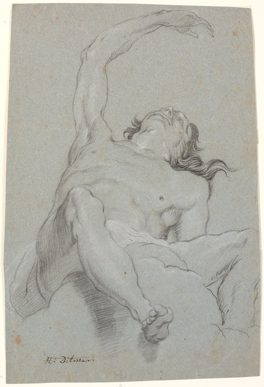 Naken mann, sett "de sotto in su". Studie for figur i takmaling av Heinrich Dittmers