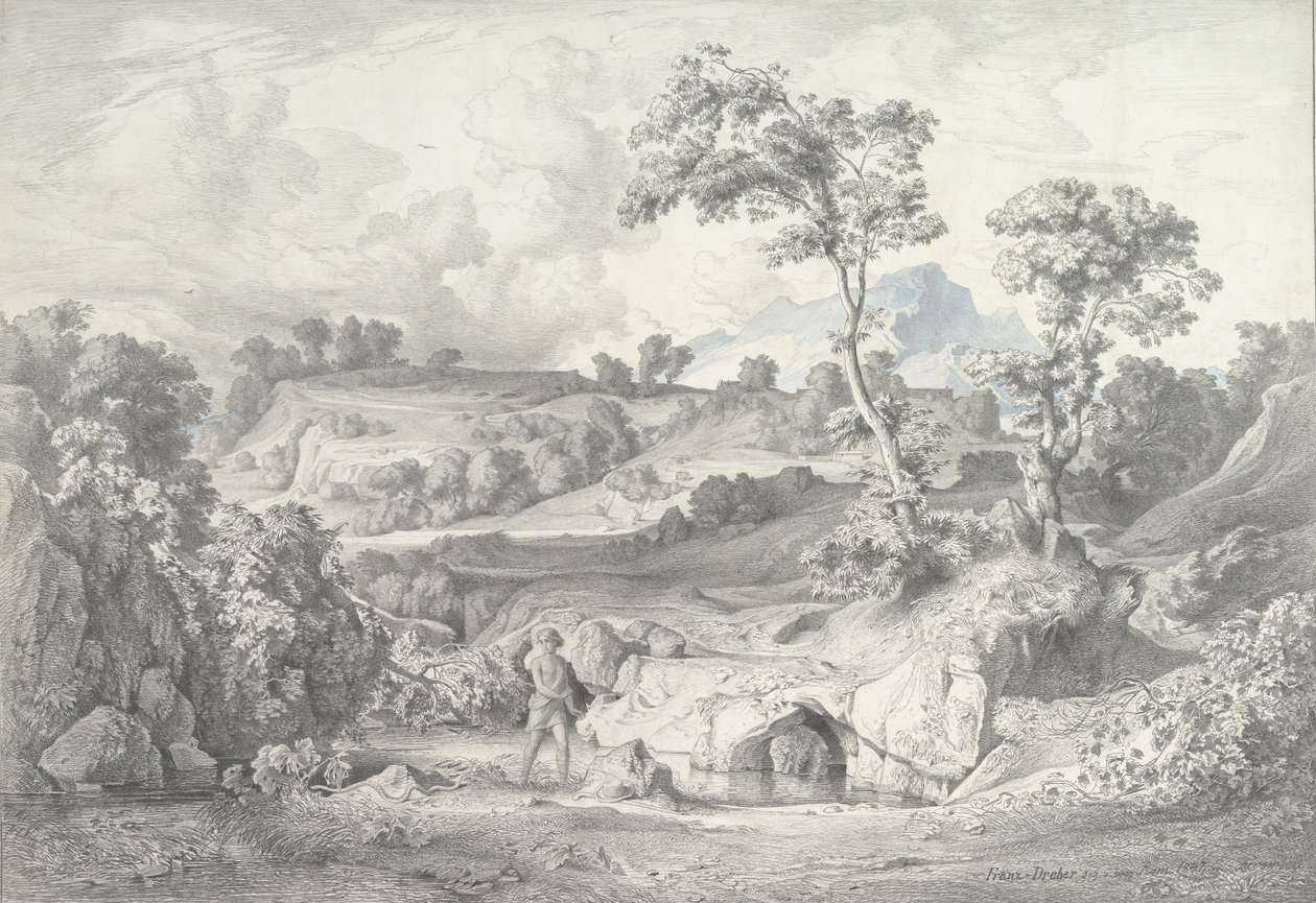 Sørlandskap med en mann og en slange, 1847. av Heinrich Dreber