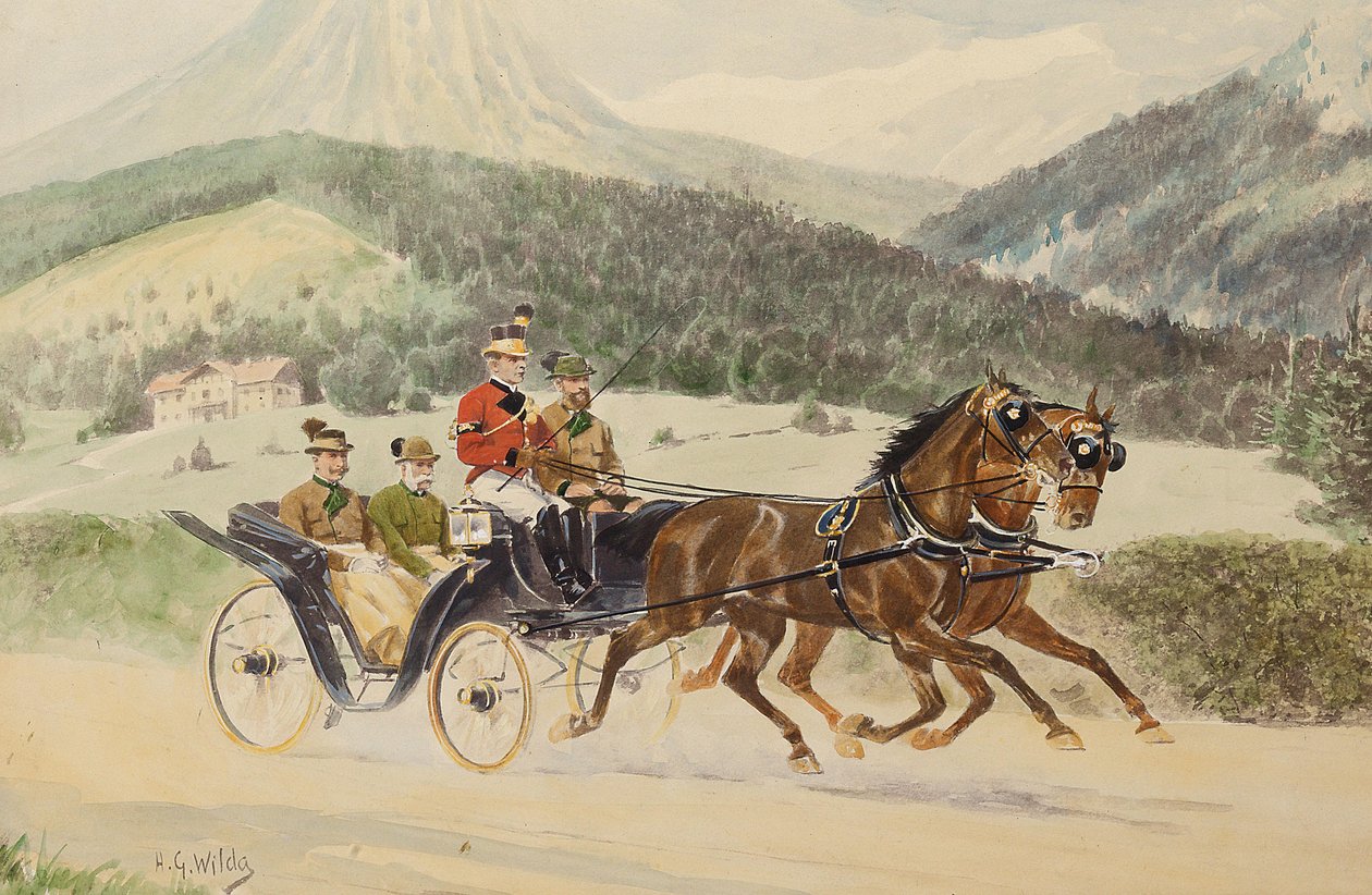 Keiser Franz Joseph I av Østerrike og erkehertug Franz Ferdinand i en vogn, 1900-1910-tallet. av Heinrich Gottfried Wilda