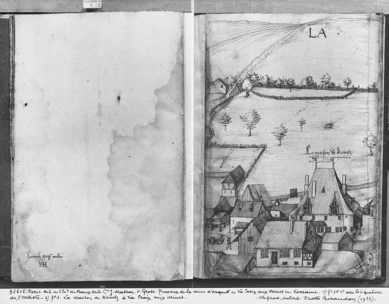 Fol.1 La Croix-aux-Mines landsby, Lorraine. Huset til Kointz, kontrolløren av gruvene og fol.25v, kunstnerens signatur, ca. 1530 (penn og blekk og wc på papir) av Heinrich Gross or Groff