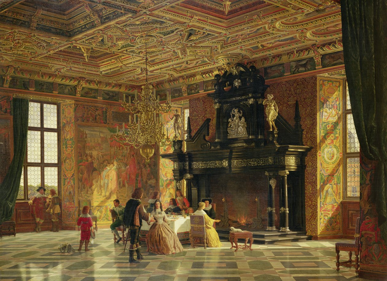 Interiør i riddersalen, Fredericksborg-palasset, nær København (olje på lerret) av Heinrich Hansen