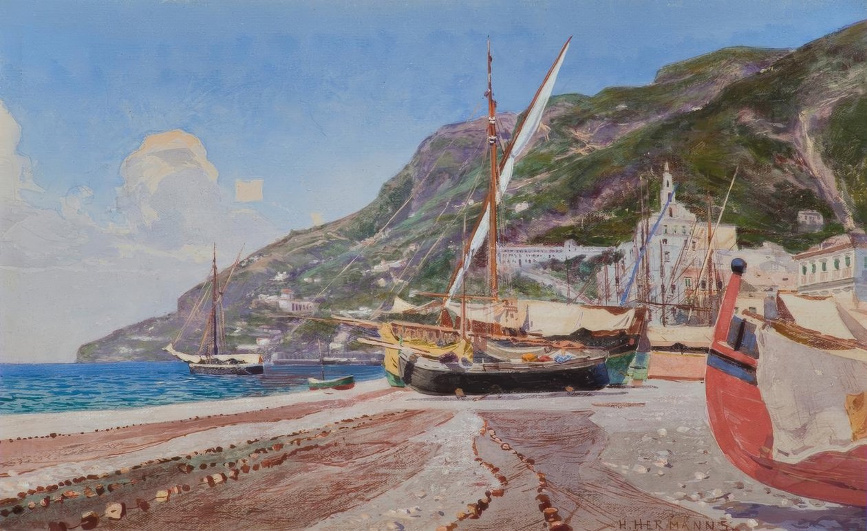 Amalfi, fiskebåter på stranden / akvarell av H.Hermanns av Heinrich Hermanns