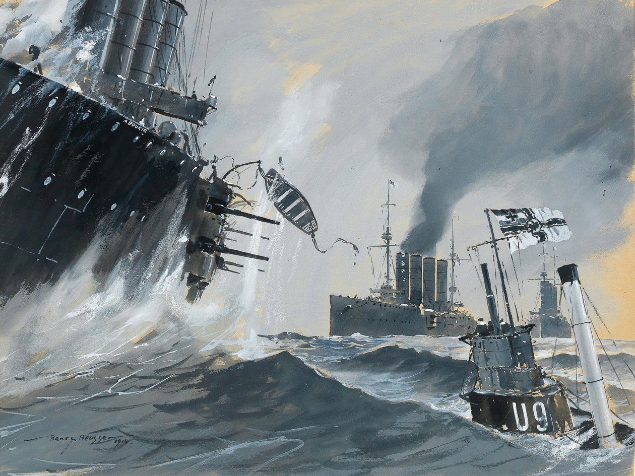 Ubåter og krigsskip: reisene til HMS Aboukir, Hogue og Cressy, 1914. av Heinrich Heusser