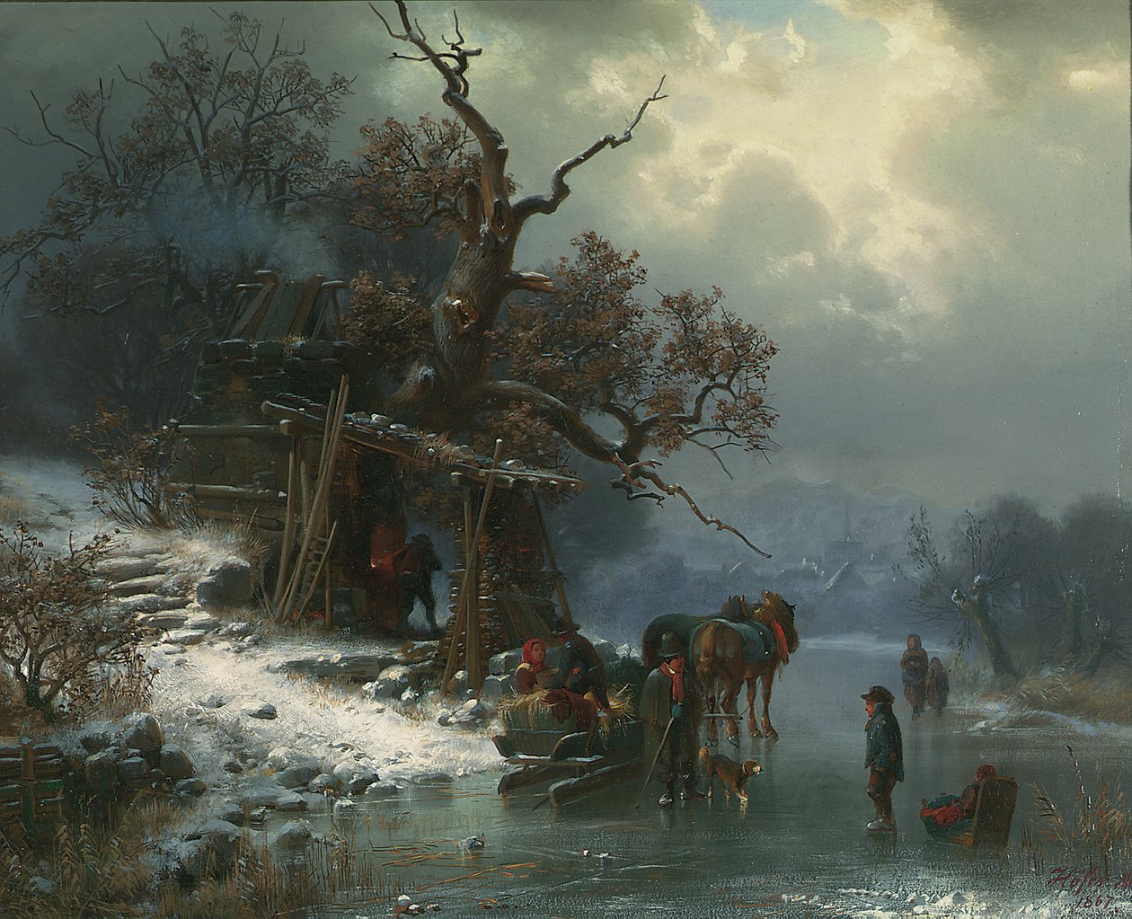Vinterlandskap med figurer på en frossen elv, 1867 av Heinrich Hofer