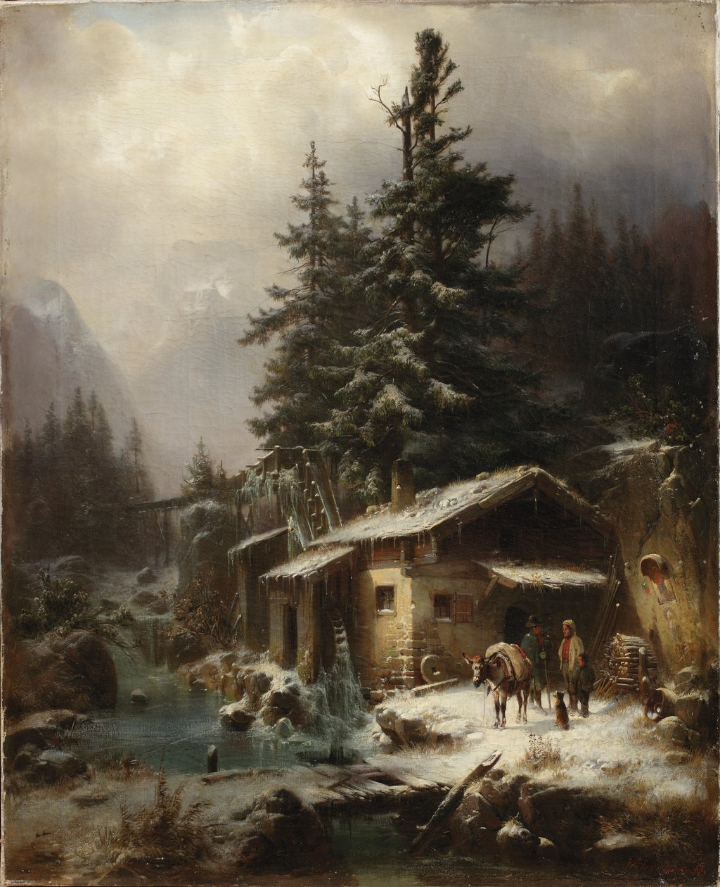 Vinterlandskap med figurer som hviler nær en vannmølle, 1866 av Heinrich Hofer