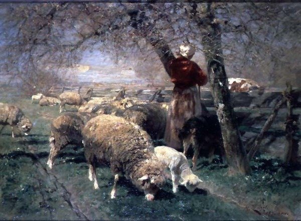 En gjeterinne og sau i et landskap; av Heinrich Johann von Zugel