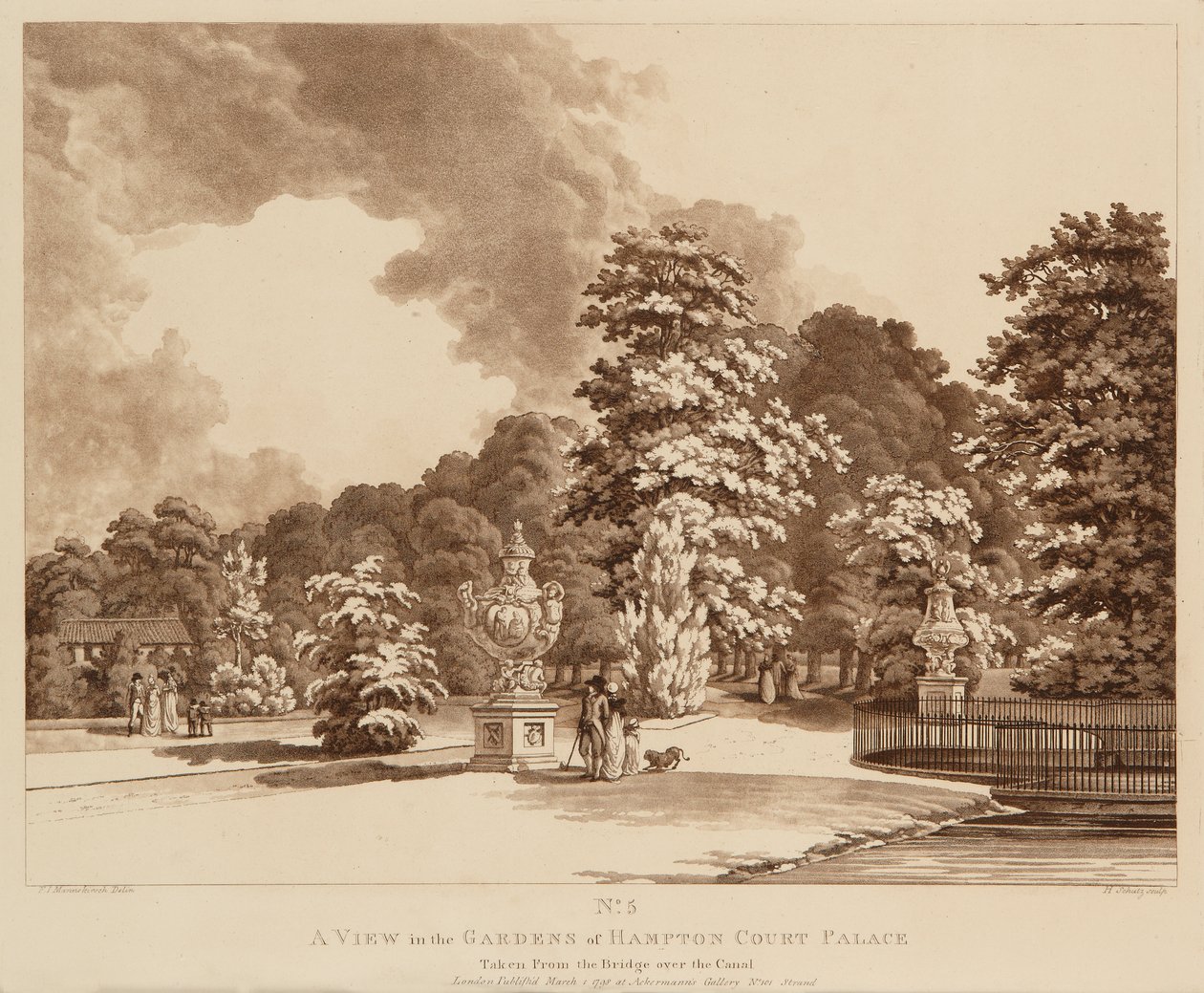 Utsikt over hagene ved Hampton Court Palace (etsing og akvatint) av Heinrich Joseph Schuz