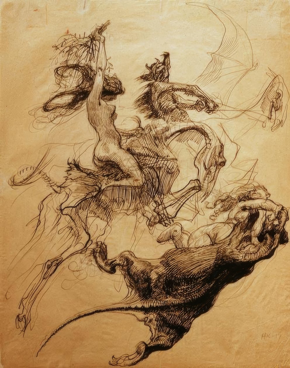 Naken kvinne på skjelett og djevel som rir pterodactyl av Heinrich Kley