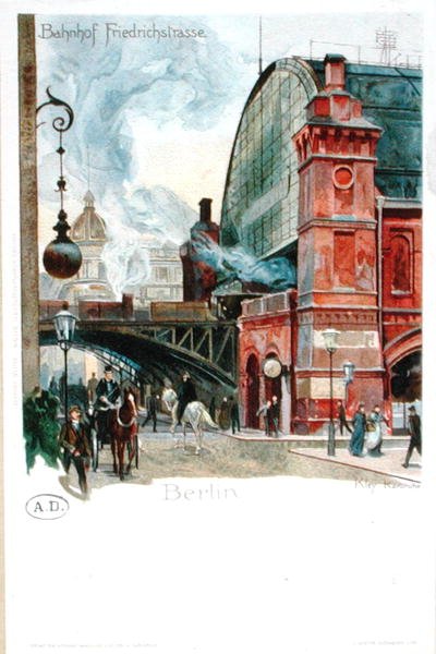 Jernbanestasjonen i Friedrichstrasse, Berlin, ca. 1900 (farge litho) av Heinrich Kley