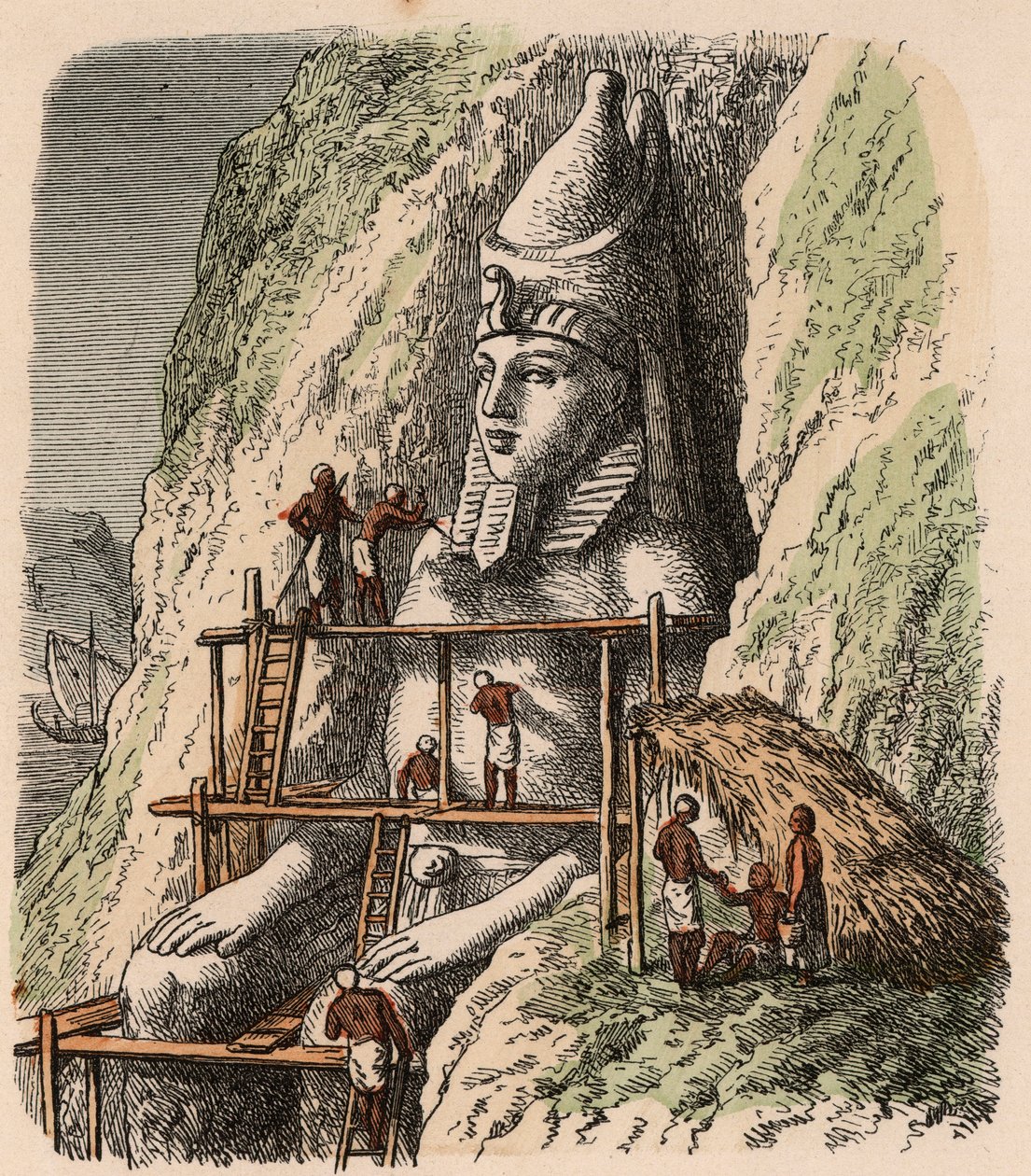 Det gamle Egypt: Utskjæring av en statue av Abu Simbel-tempelet, 1866 av Heinrich Leutemann