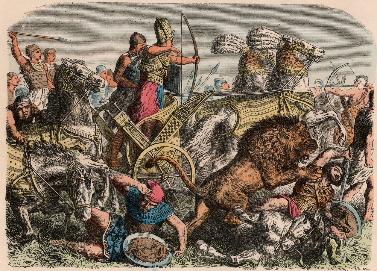 Det gamle Egypt: Farao Ramses II kjemper mot krigsløvene til den hettittiske hæren i Qadesh, 1274 f.Kr., 1866 av Heinrich Leutemann