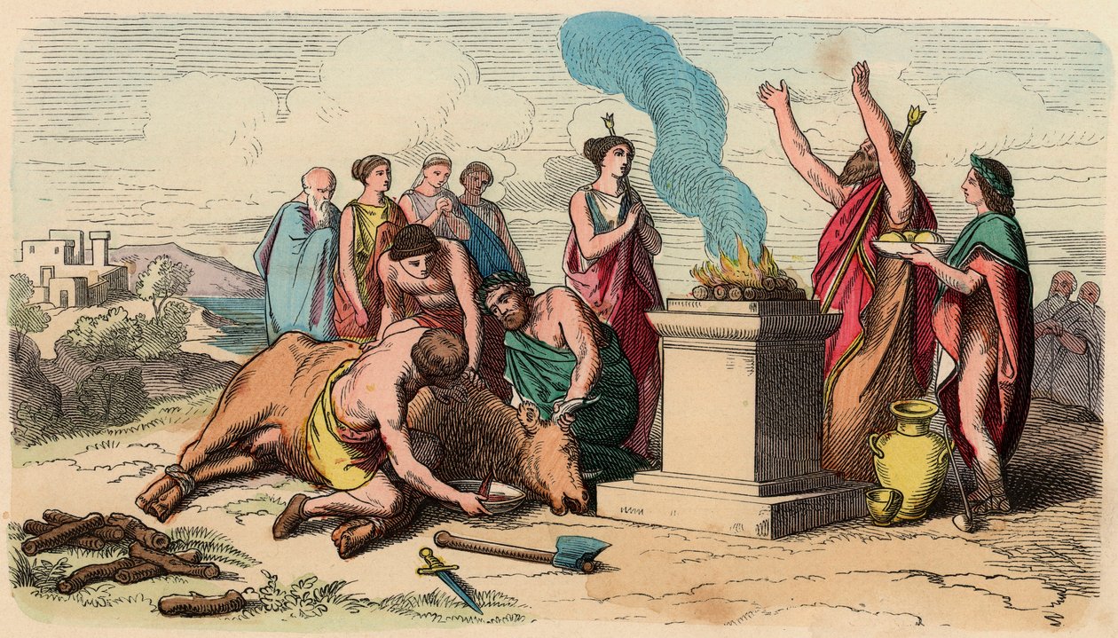 Antikkens Hellas : Ritual Bull Sacrifice - Hellas på kongenes tid av Heinrich Leutemann