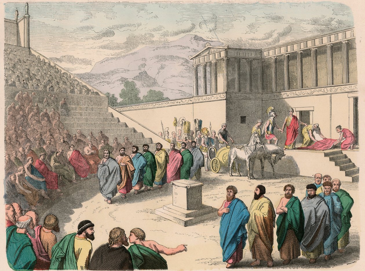 Antikkens Hellas: Teater - Produksjon av tragedien Agamemnon av Heinrich Leutemann