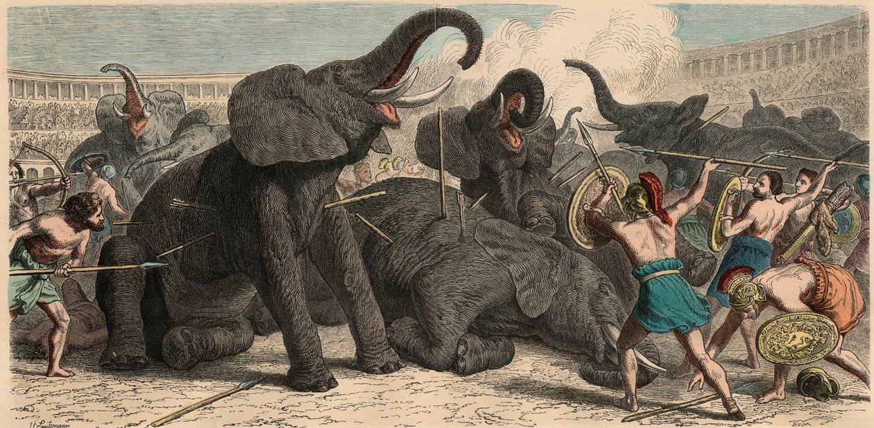 Antikkens Roma: Elefanter blir drept i amfiteatret, 1866 av Heinrich Leutemann