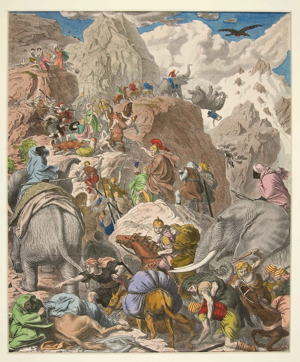 Hannibal Crossing the Alps, pub. 1866 (håndfarget gravering) av Heinrich Leutemann