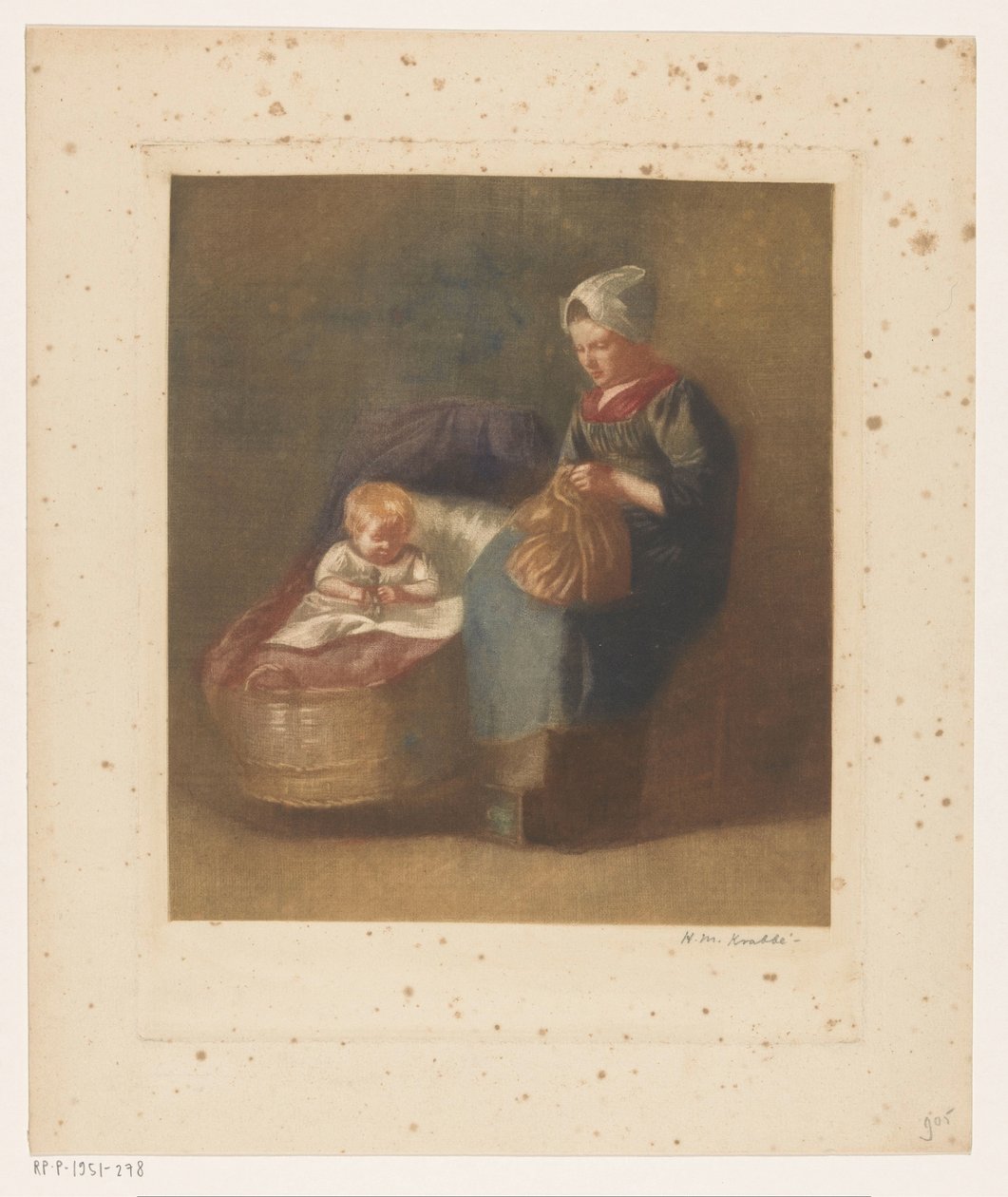Håndverk kvinne ved siden av et barn en barneseng av Heinrich M. Krabbé (signed by artist)