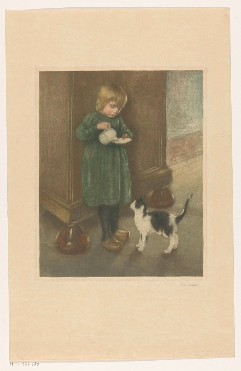 Jente som mater en katt av Heinrich M. Krabbé (signed by artist)
