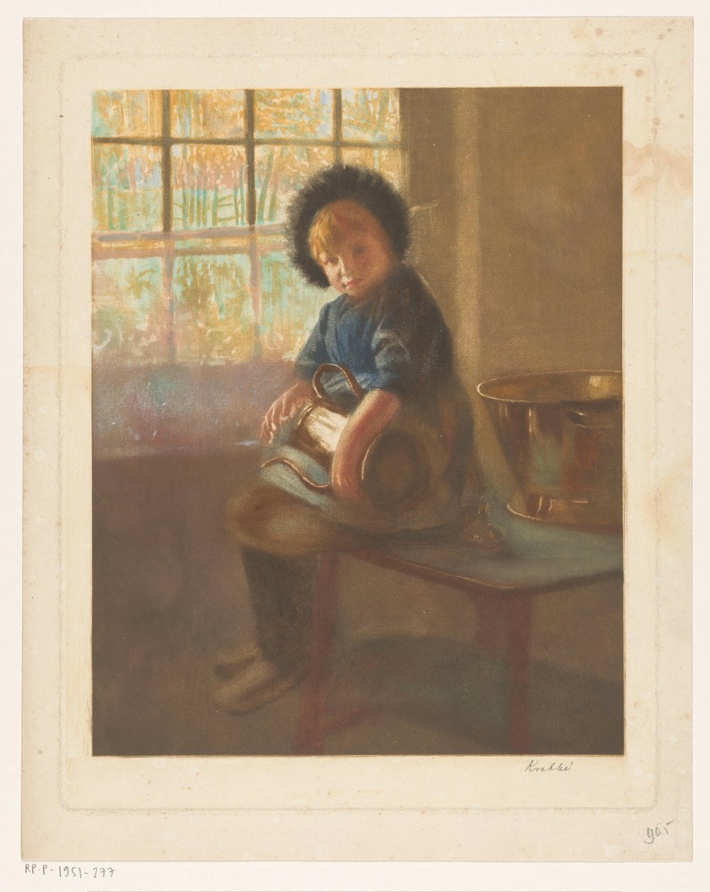 Jente som pusser en kobbergryte av Heinrich M. Krabbé (signed by artist)