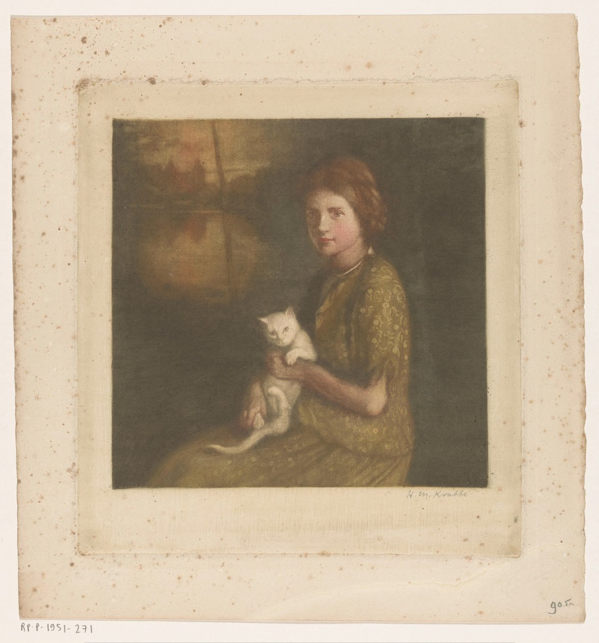 Jente med en katt på fanget av Heinrich M. Krabbé (signed by artist)