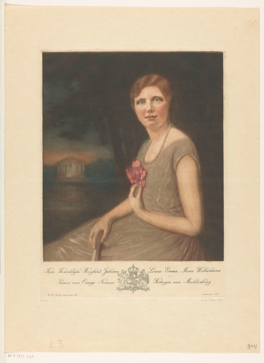 Portrett av prinsesse Juliana Hennes kongelige høyhet Juliana Louise Emma Marie Wilhelmina, prinsesse av Orange Nassau, hertuginne av Mecklenburg (tittel på objekt) av Heinrich M. Krabbé (signed by artist)