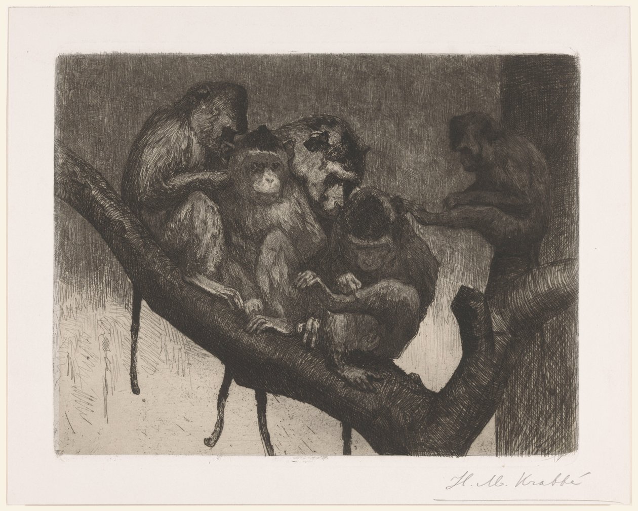 Fem aper i et tre av Heinrich M. Krabbé (signed by artist)