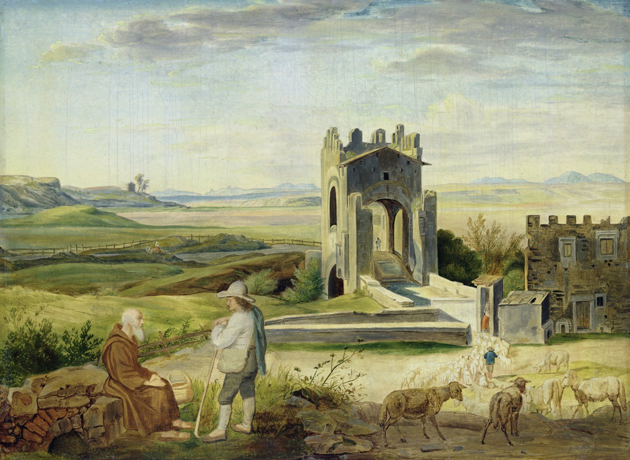 Campagna-landskap nær Nomentano-broen (olje på papir lagt ned på papp) av Heinrich Maria von Hess