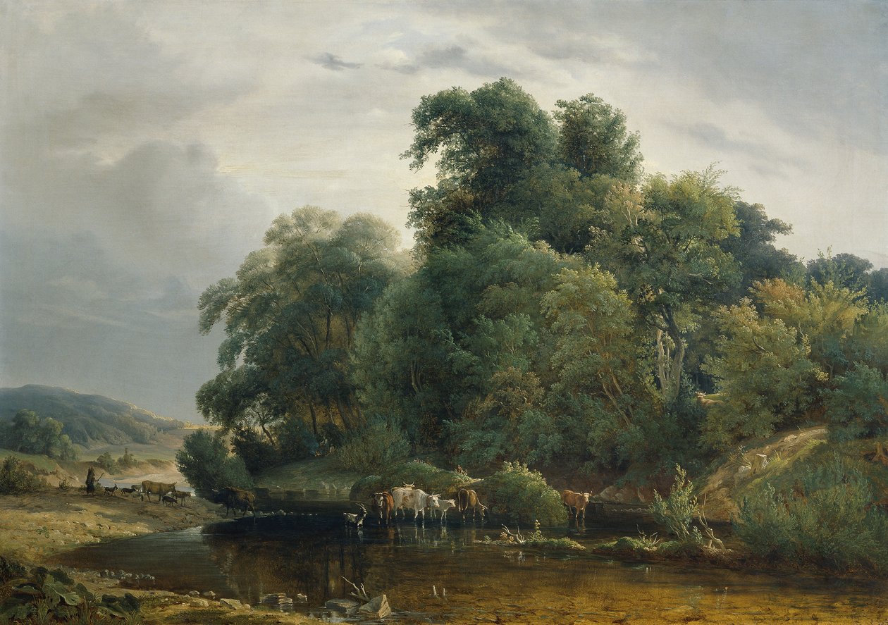 Landskap med storfe og gjeterinne av Heinrich Peyer