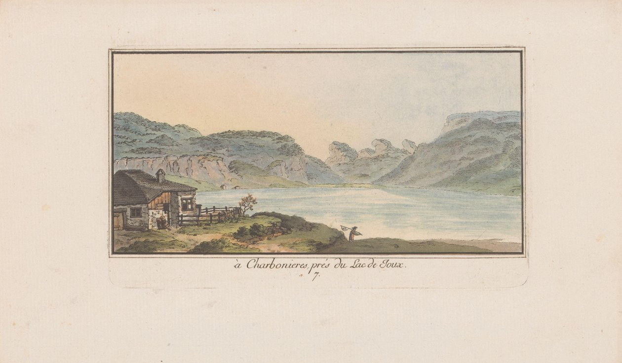 Utsikt over Les Charbonnières på Lac de Joux i Charbonieres, nær Lac de Joux (tittel på objekt) Landskap i Sveits (serietittel) Samling av noen perspektiver i Sveits (serietittel) av Heinrich Rieter