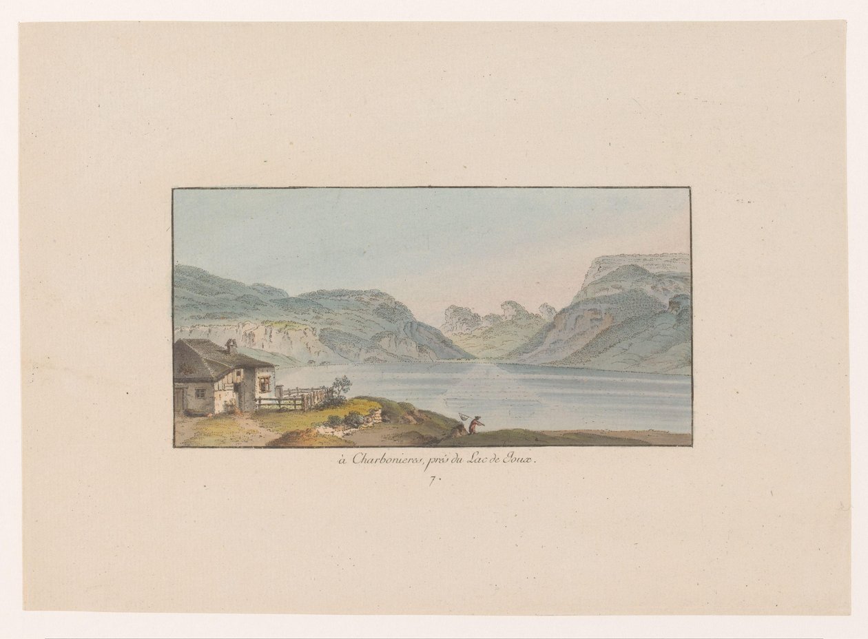 Se på Les Charbonnières ved Lac de Joux i Charbonieres, nær Lac de Joux (tittel på objekt) Gezichten op Zwitserland (serietittel) Samling av noen utsikter tegnet i Sveits fra naturen (serietittel) av Heinrich Rieter